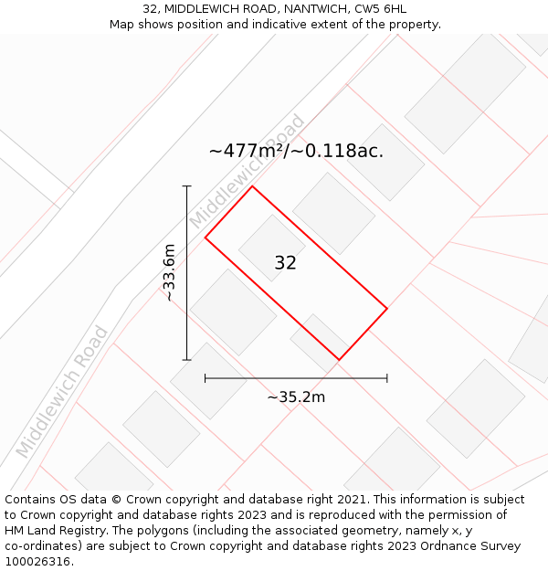 32, MIDDLEWICH ROAD, NANTWICH, CW5 6HL: Plot and title map