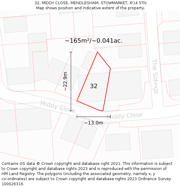 32, MIDDY CLOSE, MENDLESHAM, STOWMARKET, IP14 5TN: Plot and title map