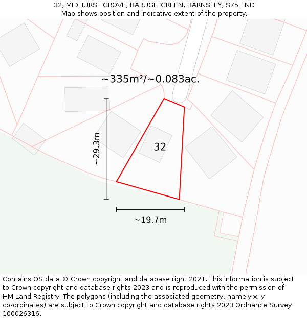 32, MIDHURST GROVE, BARUGH GREEN, BARNSLEY, S75 1ND: Plot and title map