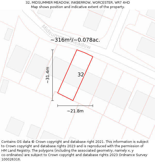 32, MIDSUMMER MEADOW, INKBERROW, WORCESTER, WR7 4HD: Plot and title map