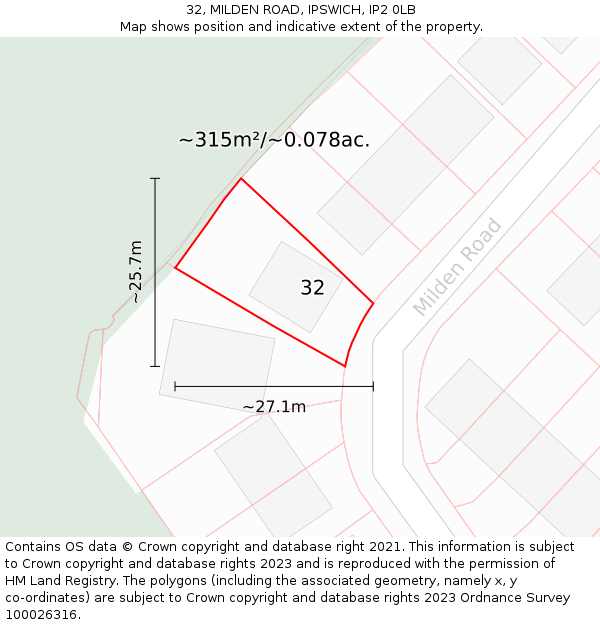 32, MILDEN ROAD, IPSWICH, IP2 0LB: Plot and title map