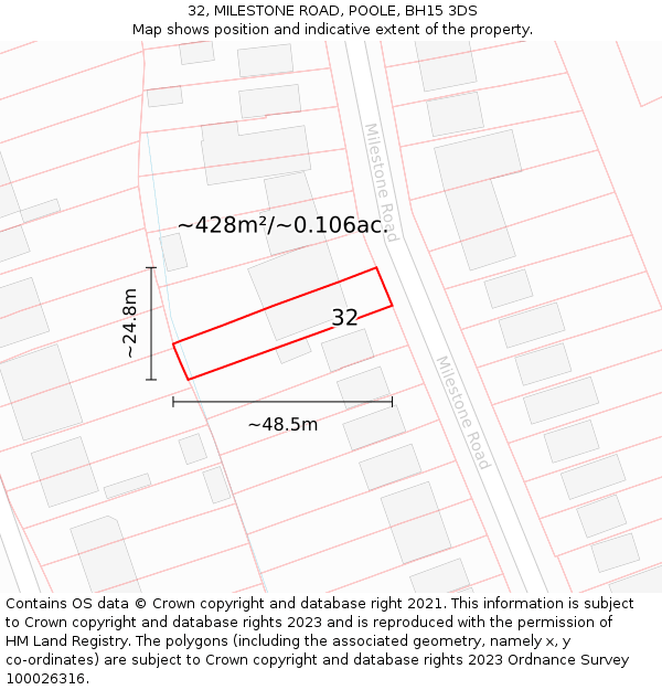 32, MILESTONE ROAD, POOLE, BH15 3DS: Plot and title map