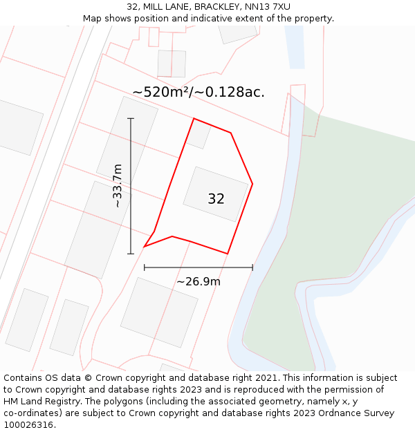 32, MILL LANE, BRACKLEY, NN13 7XU: Plot and title map