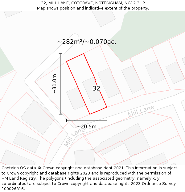32, MILL LANE, COTGRAVE, NOTTINGHAM, NG12 3HP: Plot and title map