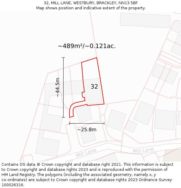 32, MILL LANE, WESTBURY, BRACKLEY, NN13 5BF: Plot and title map