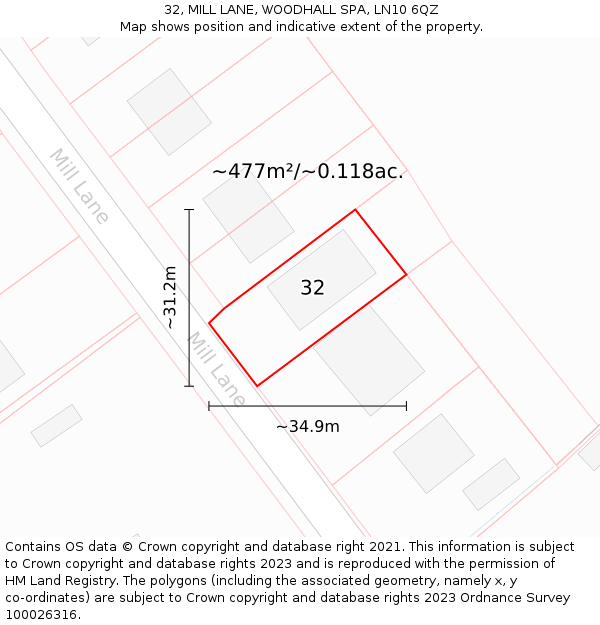 32, MILL LANE, WOODHALL SPA, LN10 6QZ: Plot and title map