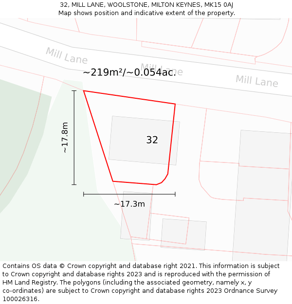32, MILL LANE, WOOLSTONE, MILTON KEYNES, MK15 0AJ: Plot and title map
