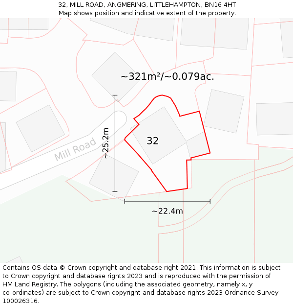 32, MILL ROAD, ANGMERING, LITTLEHAMPTON, BN16 4HT: Plot and title map