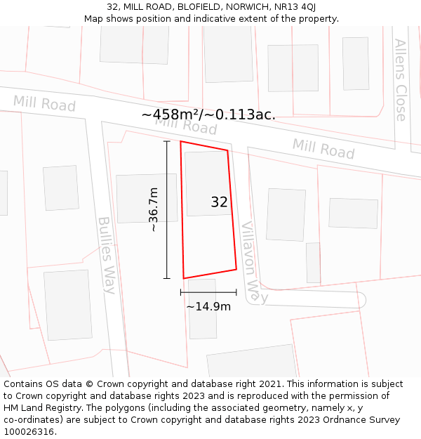 32, MILL ROAD, BLOFIELD, NORWICH, NR13 4QJ: Plot and title map