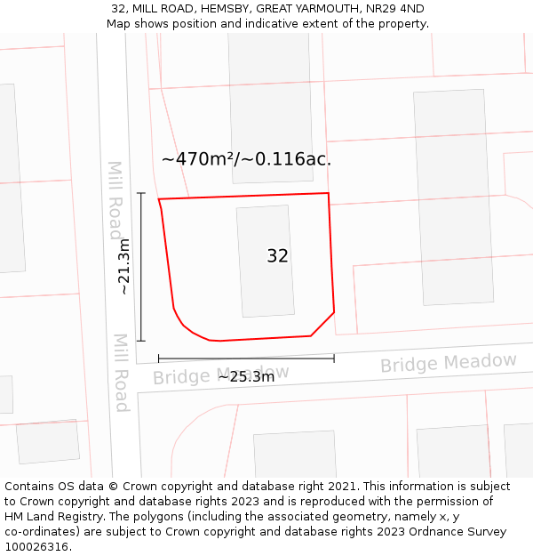 32, MILL ROAD, HEMSBY, GREAT YARMOUTH, NR29 4ND: Plot and title map
