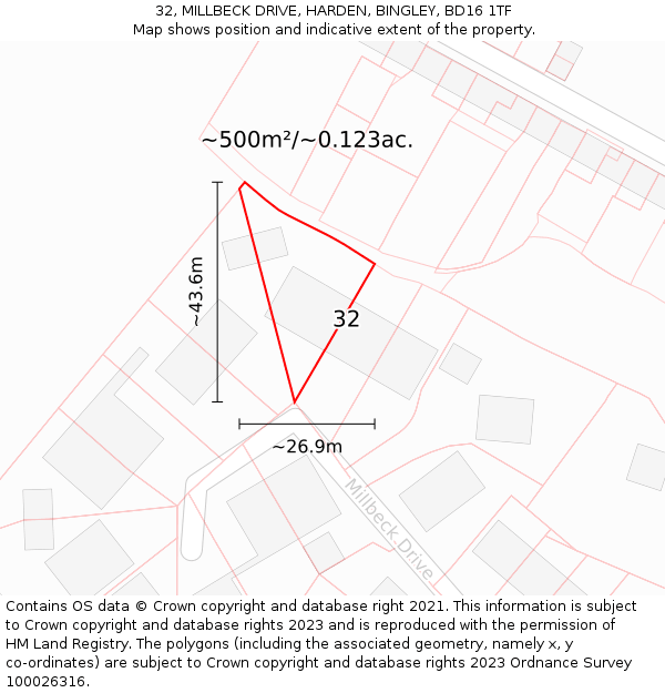 32, MILLBECK DRIVE, HARDEN, BINGLEY, BD16 1TF: Plot and title map