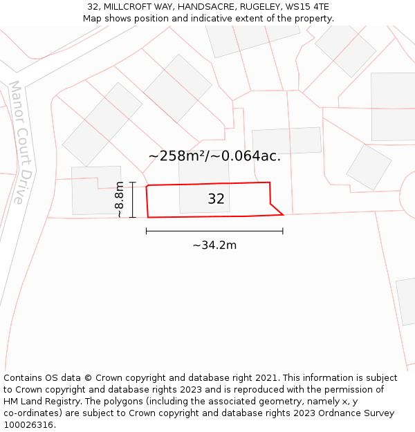 32, MILLCROFT WAY, HANDSACRE, RUGELEY, WS15 4TE: Plot and title map
