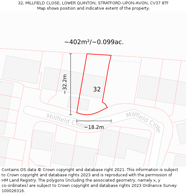 32, MILLFIELD CLOSE, LOWER QUINTON, STRATFORD-UPON-AVON, CV37 8TF: Plot and title map