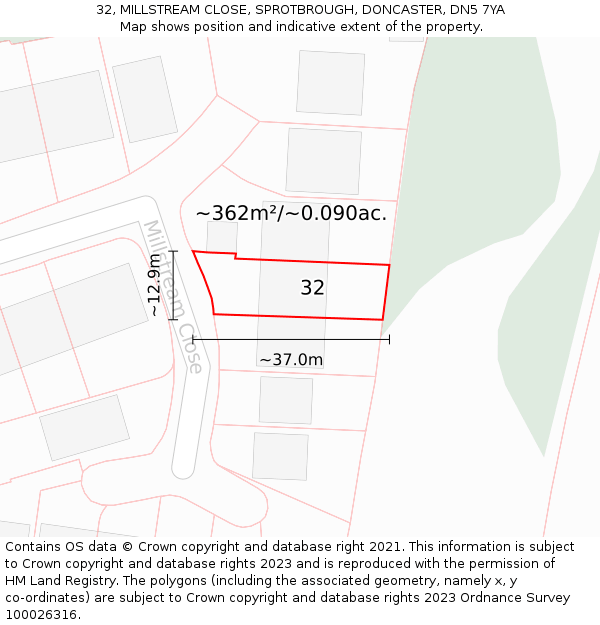 32, MILLSTREAM CLOSE, SPROTBROUGH, DONCASTER, DN5 7YA: Plot and title map