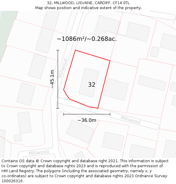 32, MILLWOOD, LISVANE, CARDIFF, CF14 0TL: Plot and title map