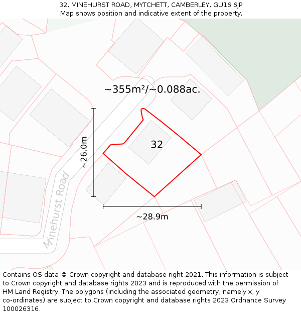 32, MINEHURST ROAD, MYTCHETT, CAMBERLEY, GU16 6JP: Plot and title map