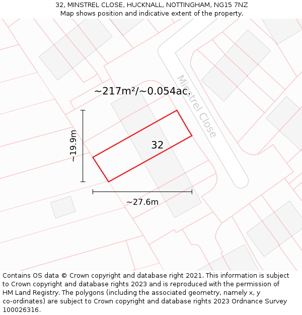 32, MINSTREL CLOSE, HUCKNALL, NOTTINGHAM, NG15 7NZ: Plot and title map