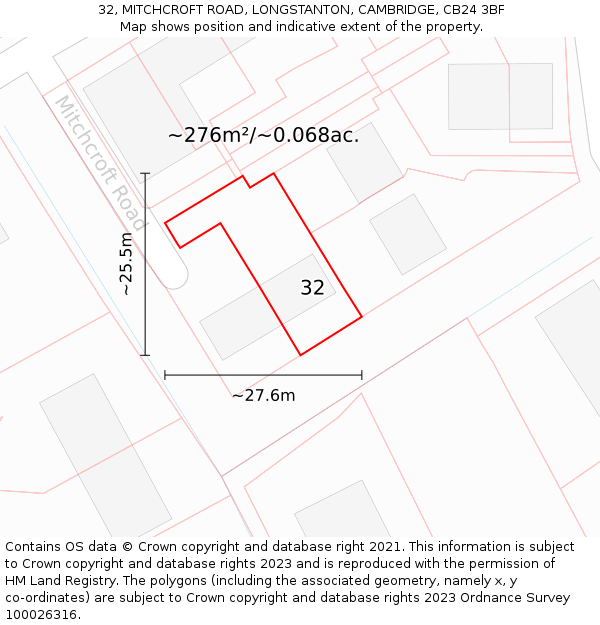 32, MITCHCROFT ROAD, LONGSTANTON, CAMBRIDGE, CB24 3BF: Plot and title map