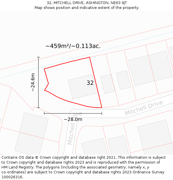32, MITCHELL DRIVE, ASHINGTON, NE63 9JT: Plot and title map