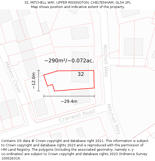 32, MITCHELL WAY, UPPER RISSINGTON, CHELTENHAM, GL54 2PL: Plot and title map