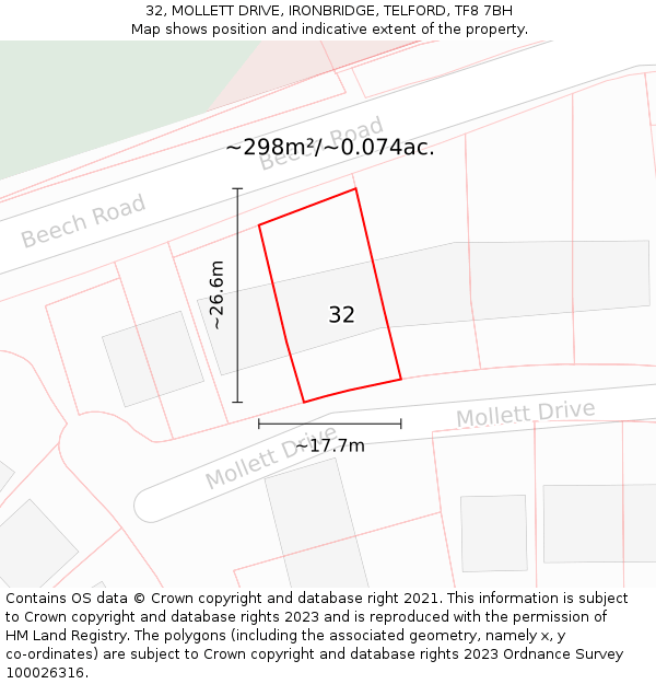 32, MOLLETT DRIVE, IRONBRIDGE, TELFORD, TF8 7BH: Plot and title map