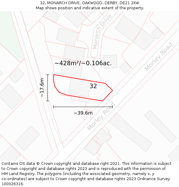 32, MONARCH DRIVE, OAKWOOD, DERBY, DE21 2XW: Plot and title map