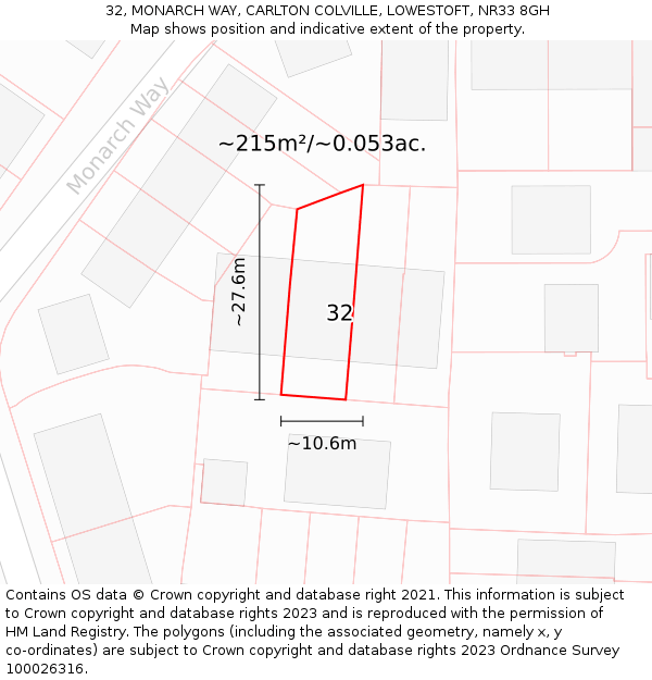 32, MONARCH WAY, CARLTON COLVILLE, LOWESTOFT, NR33 8GH: Plot and title map