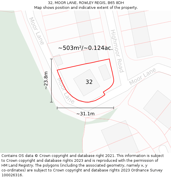32, MOOR LANE, ROWLEY REGIS, B65 8DH: Plot and title map