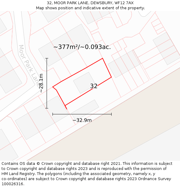 32, MOOR PARK LANE, DEWSBURY, WF12 7AX: Plot and title map