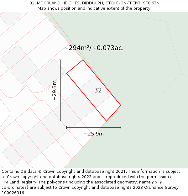 32, MOORLAND HEIGHTS, BIDDULPH, STOKE-ON-TRENT, ST8 6TN: Plot and title map