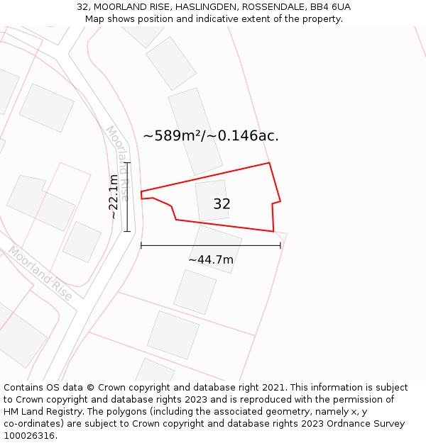 32, MOORLAND RISE, HASLINGDEN, ROSSENDALE, BB4 6UA: Plot and title map