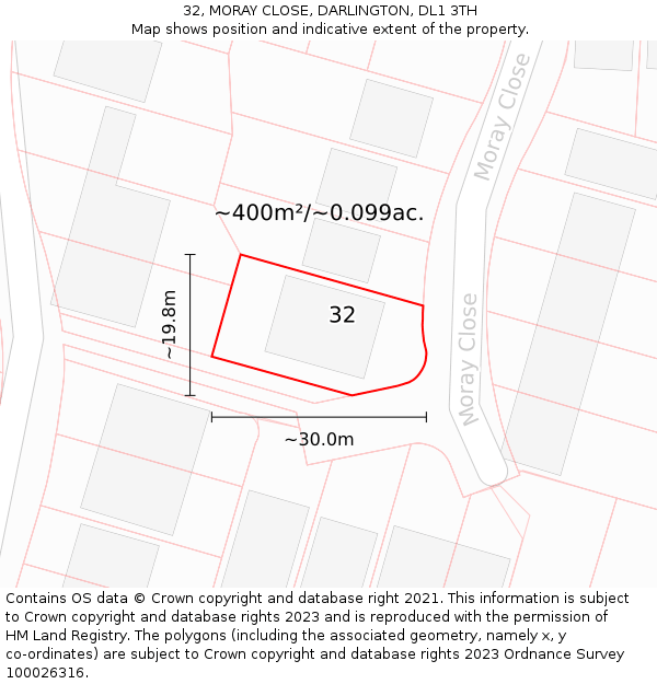 32, MORAY CLOSE, DARLINGTON, DL1 3TH: Plot and title map