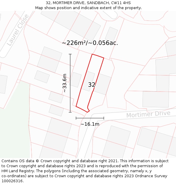 32, MORTIMER DRIVE, SANDBACH, CW11 4HS: Plot and title map
