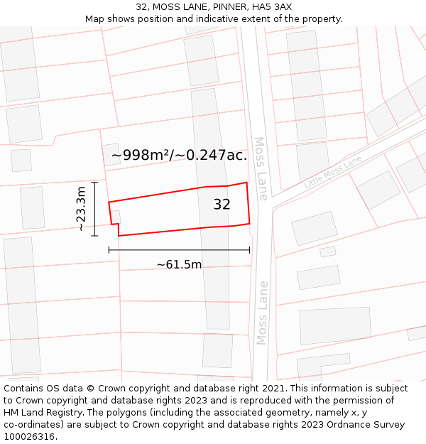 32, MOSS LANE, PINNER, HA5 3AX: Plot and title map