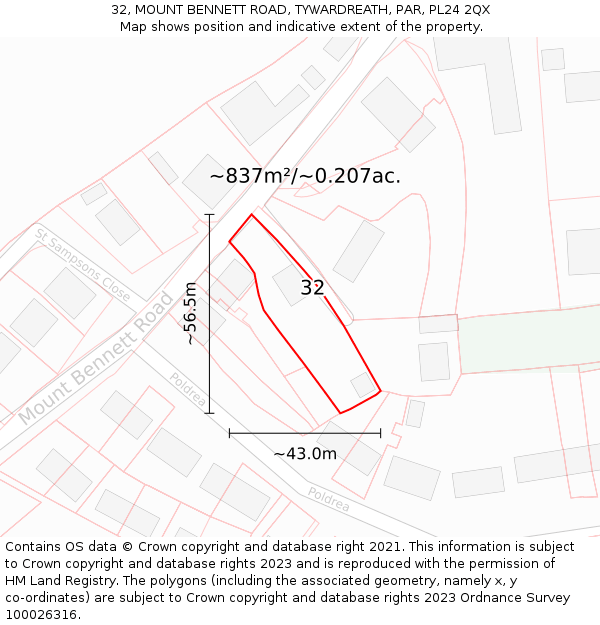 32, MOUNT BENNETT ROAD, TYWARDREATH, PAR, PL24 2QX: Plot and title map