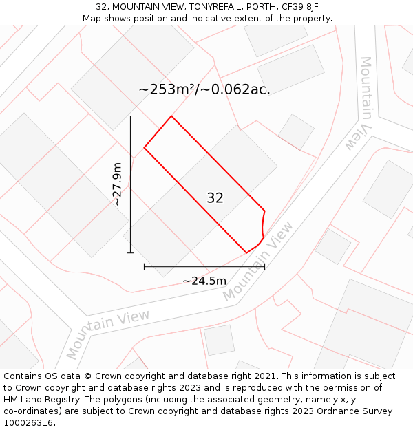 32, MOUNTAIN VIEW, TONYREFAIL, PORTH, CF39 8JF: Plot and title map