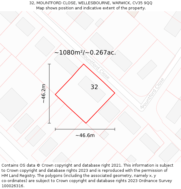 32, MOUNTFORD CLOSE, WELLESBOURNE, WARWICK, CV35 9QQ: Plot and title map