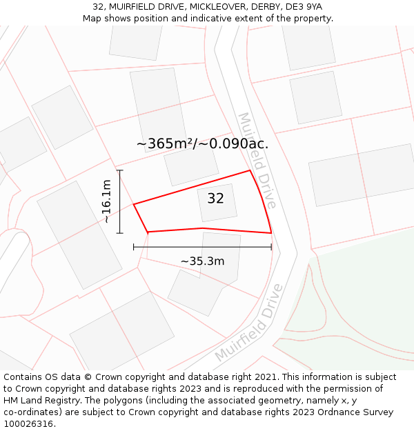 32, MUIRFIELD DRIVE, MICKLEOVER, DERBY, DE3 9YA: Plot and title map