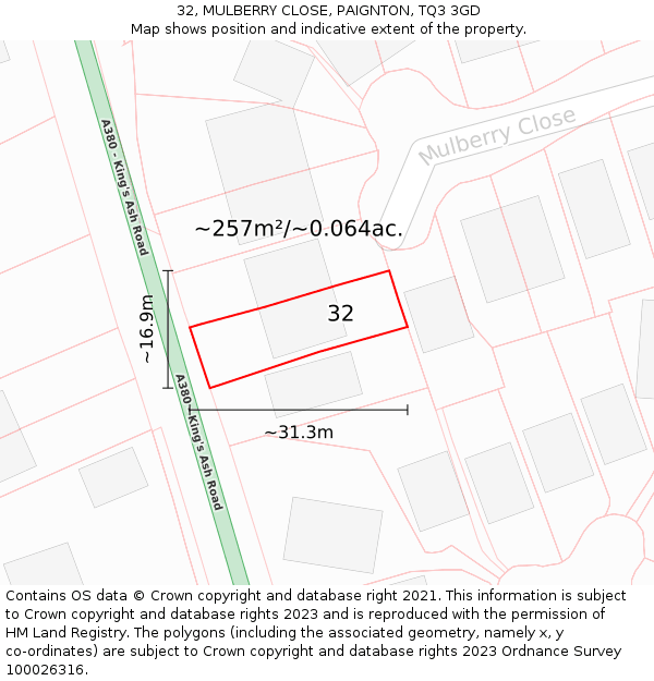 32, MULBERRY CLOSE, PAIGNTON, TQ3 3GD: Plot and title map