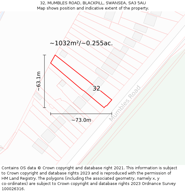 32, MUMBLES ROAD, BLACKPILL, SWANSEA, SA3 5AU: Plot and title map