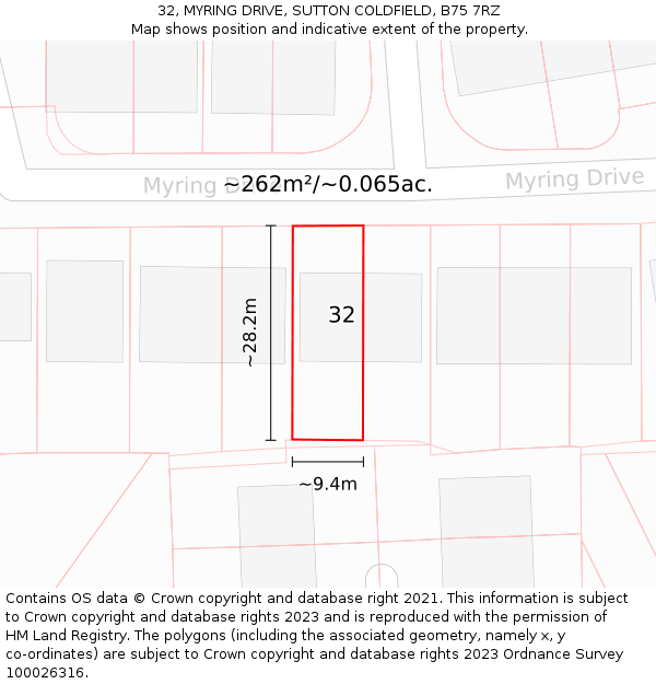 32, MYRING DRIVE, SUTTON COLDFIELD, B75 7RZ: Plot and title map