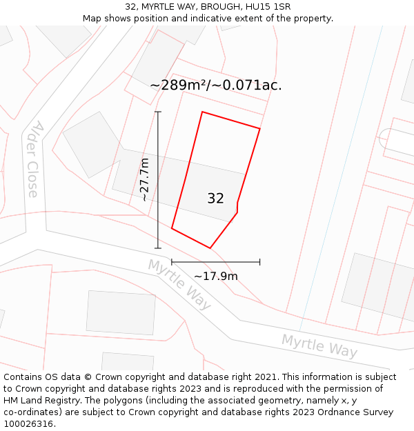 32, MYRTLE WAY, BROUGH, HU15 1SR: Plot and title map