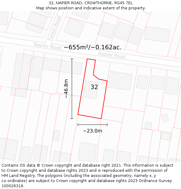 32, NAPIER ROAD, CROWTHORNE, RG45 7EL: Plot and title map