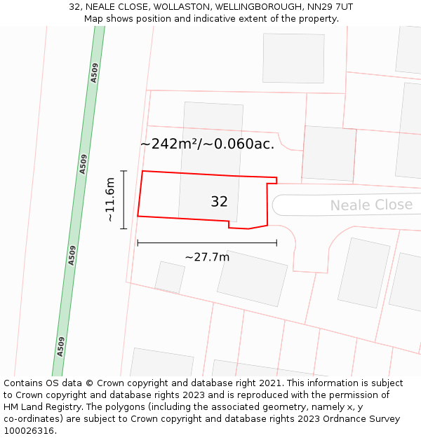 32, NEALE CLOSE, WOLLASTON, WELLINGBOROUGH, NN29 7UT: Plot and title map