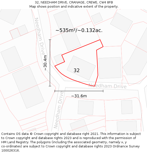 32, NEEDHAM DRIVE, CRANAGE, CREWE, CW4 8FB: Plot and title map