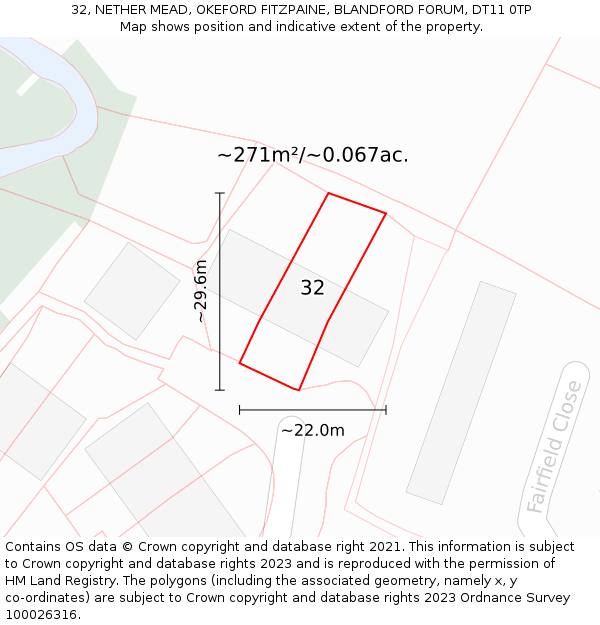 32, NETHER MEAD, OKEFORD FITZPAINE, BLANDFORD FORUM, DT11 0TP: Plot and title map