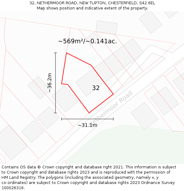 32, NETHERMOOR ROAD, NEW TUPTON, CHESTERFIELD, S42 6EL: Plot and title map