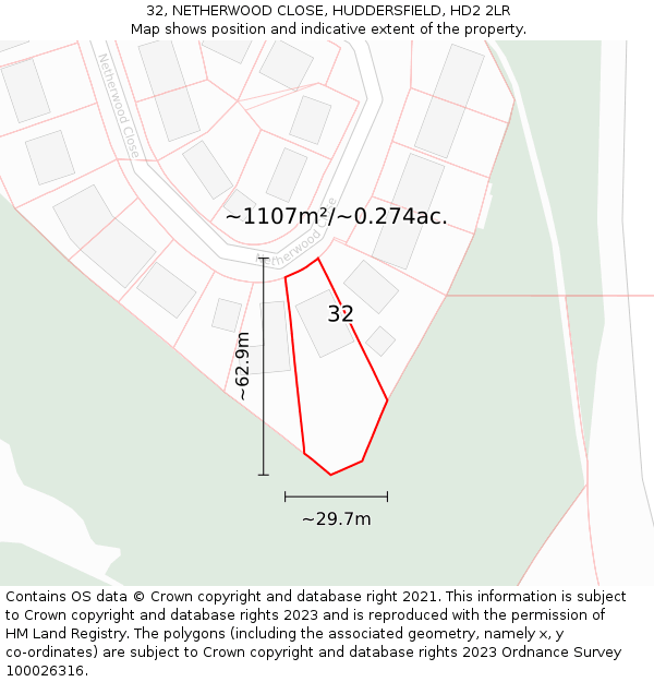32, NETHERWOOD CLOSE, HUDDERSFIELD, HD2 2LR: Plot and title map