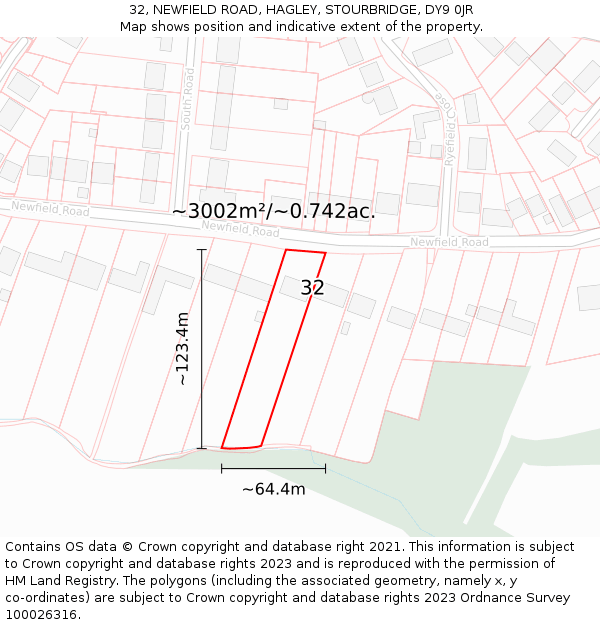 32, NEWFIELD ROAD, HAGLEY, STOURBRIDGE, DY9 0JR: Plot and title map