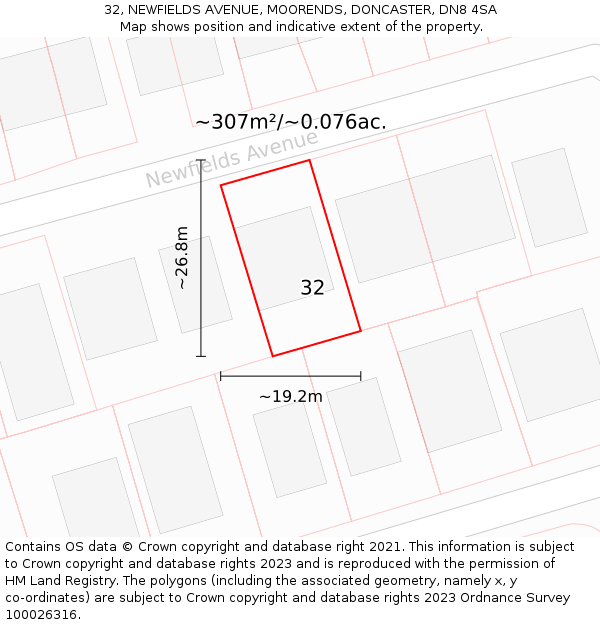 32, NEWFIELDS AVENUE, MOORENDS, DONCASTER, DN8 4SA: Plot and title map
